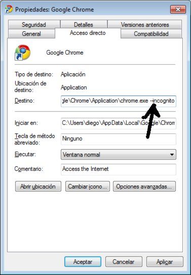 Google Chrome - Propiedades del acceso directo
