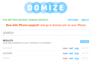 Domize - captura de pantalla. interfase principal del buscador de dominios