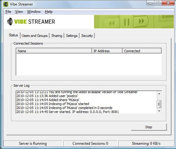 Vibe Streamer - interfaz - aplicación para Windows