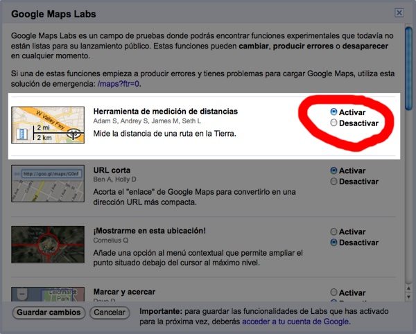 Google Maps - Opción para medir distancias