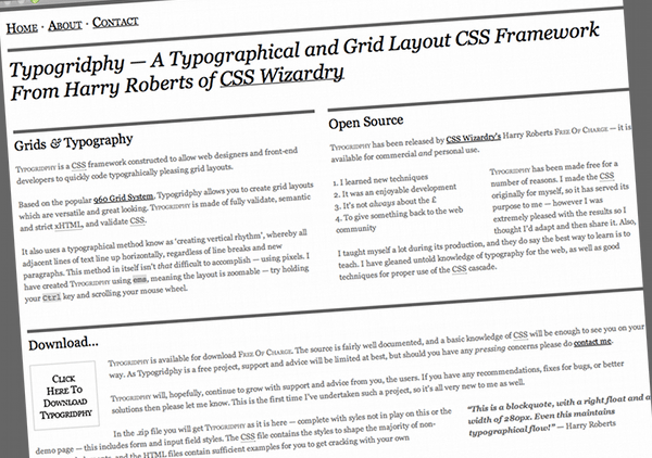 Typogridphy — A Typographical and Grid Layout CSS Framework From Harry Roberts of CSS Wizardry (20110105)
