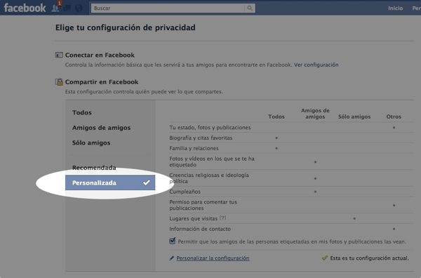 Facebook - personalizar la configuración