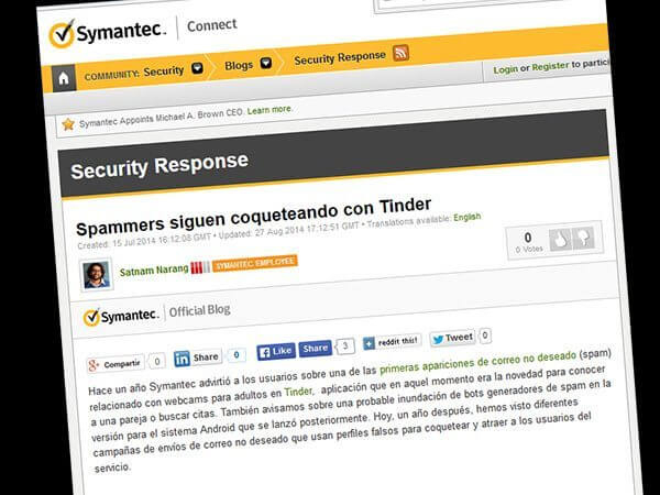 Symantec Alerta - Tinder app