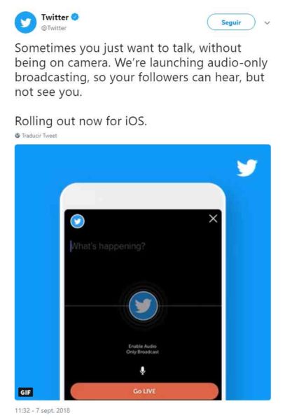 Twitter - Ya pemite transmisiones de audio