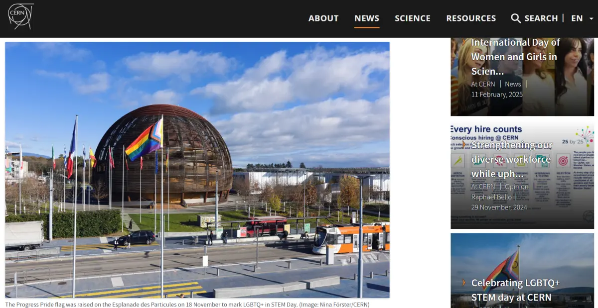The Progress Pride flag was raised on the Esplanade des Particules on 18 November to mark LGBTQ+ in STEM Day. (Image: Nina Förster/CERN)